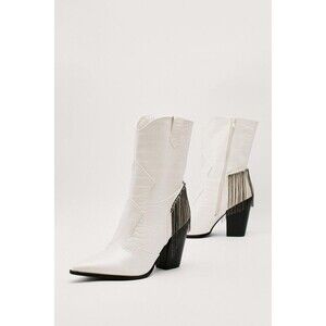 Nasty Gal Faux Croc‎ Fringe Rhinestone White Western Boots Size US Size 6, EU 37